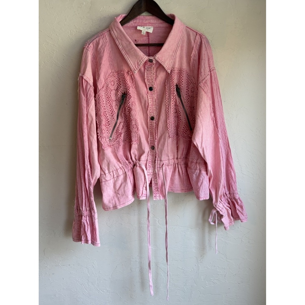 Oli & Hali Washed Lace Mix Utility Jacket L Pink Bow Bell Sleeve Oversized